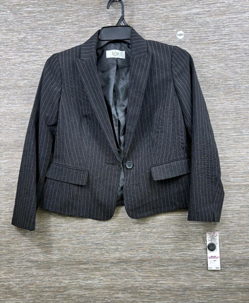 Le Suit Blazer Jacket Womens 6P Striped Black One Button Lined Business Casual